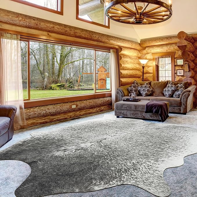 Washable Cowhide Rug for Living Room, Large 6x7 Grey Speckled Faux Cow Print Area Rugs, Non Slip Animal Skin Bedroom Carpet, Rustic Cabin Modern Farmhouse Home Decor Fake Hide Floor Mat