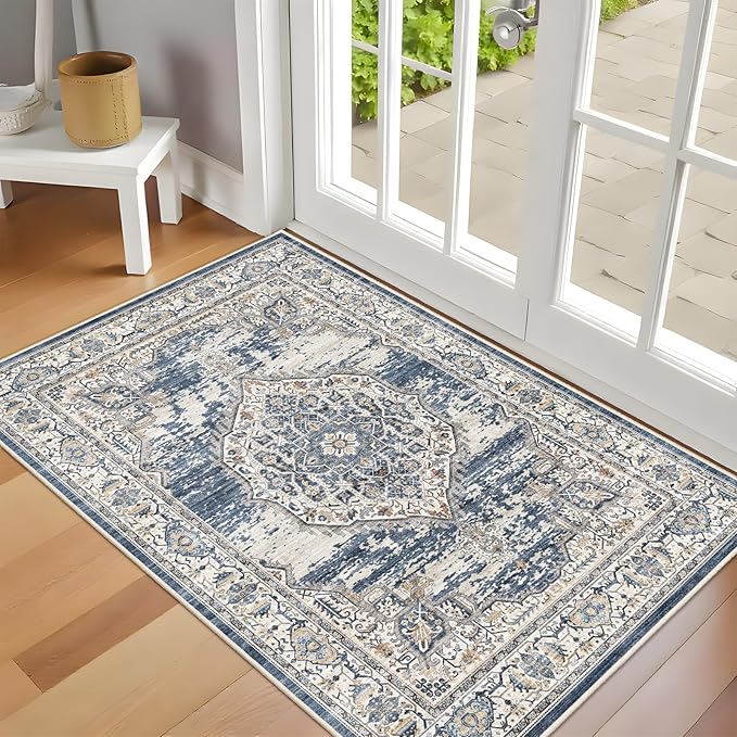 Washable Area Rugs 2x3 Entryway: Soft Ultra Thin Low Pile Mat Machine Washable Indoor Doormat Lightweight Entry Rug Anti Slip Backing Rugs for Living Room Bedroom Kitchen 2'x3' Blue