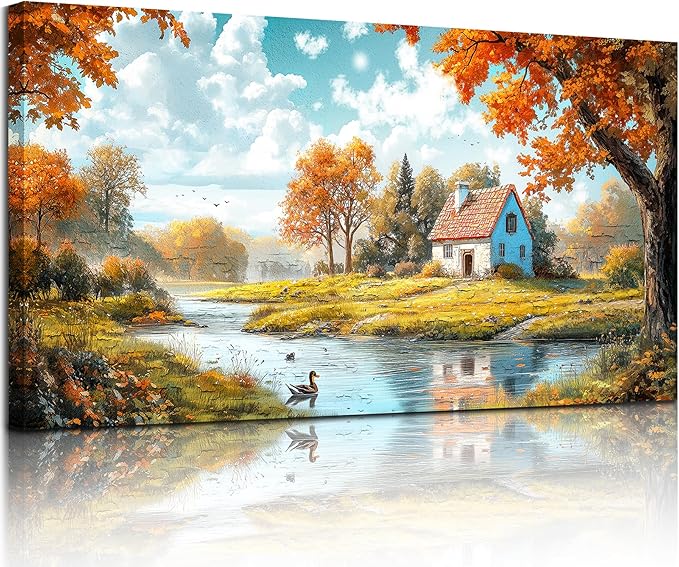 SERIMINO Fall Landscape Large Wall Art, Forest Cottage Rustic Wall Decor, Lake Duck Farmhouse Canvas Painting, Nature House Decorations Living Room Bedroom Dining Room Cottagecore Art Prints 29"X57"