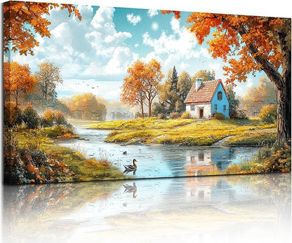 SERIMINO Fall Landscape Large Wall Art, Forest Cottage Rustic Wall Decor, Lake Duck Farmhouse Canvas Painting, Nature House Decorations Living Room Bedroom Dining Room Cottagecore Art Prints 29"X57"