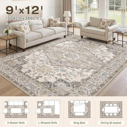9x12 Washable Area Rugs for Living Room: Non Slip Vintage Brown Rug, Large Soft Stain Resistant Indoor Floor Carpets for Bedroom Dining Room Farmhouse Nursery Home Office Kid & Pet Friendly