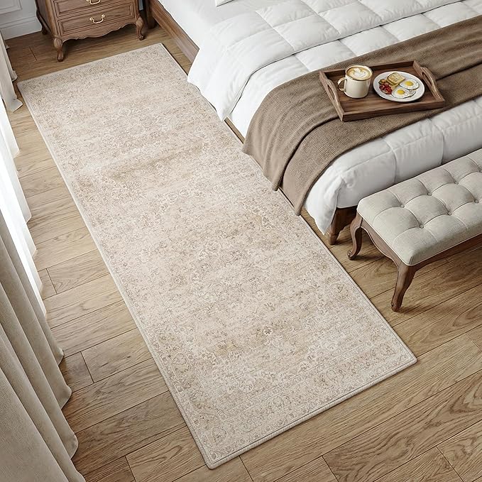 FMFUNCTEX 3x7 Hallway Runner Rug Beige Vintage Neutral Washable Distressed Non Slip Low Pile Indoor Carpet Soft Retro Entryway Rug for Kitchen Bathroom Laundry Entrance Living Room Bedroom Bedside