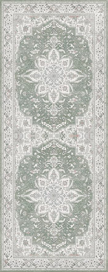 GENIMO 2X6 Washable Vintage Runner Rug for Hallway, Non-Slip Low Pile Chenille Print Rug, Soft Rugs for Indoor Entryway Kitchen Corridor, Sage & Linen