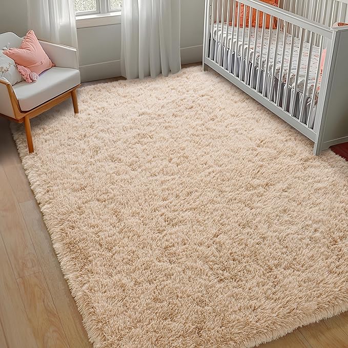 5x7 Area Rugs for Living Room, Beige Fluffy Shag Rug for Bedroom, Nursery, Indoor Floor, Soft and Comfy, Neutral Carpet for Kids, Girls, Boys Room Dorm Home Decor Aesthetic, Upgrade Non Slip