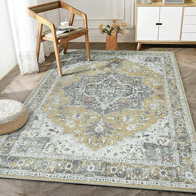Bloom Rugs Washable Non-Slip 3' x 5' Rug - Yellow Traditional Medallion Area Rug for Living Room, Bedroom, Dining Room, and Kitchen - Exact Size: 3' x 5'