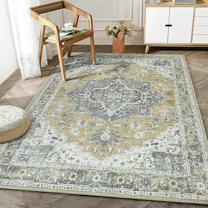 Bloom Rugs Washable Non-Slip 3' x 5' Rug - Yellow Traditional Medallion Area Rug for Living Room, Bedroom, Dining Room, and Kitchen - Exact Size: 3' x 5'