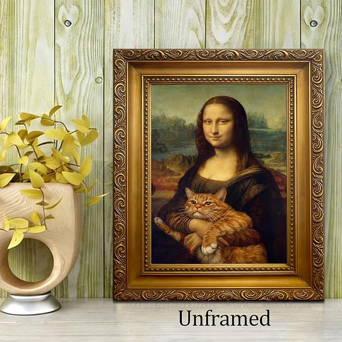Funny Mona Lisa Cat Wall Art, Vintage Renaissance Mona Lisa Holding Orange Tabby Cat Canvas Print, Classic Abstract Art Painting Poster for Bathroom Living Room Bedroom Home Decor 8x10 Inch Unframed