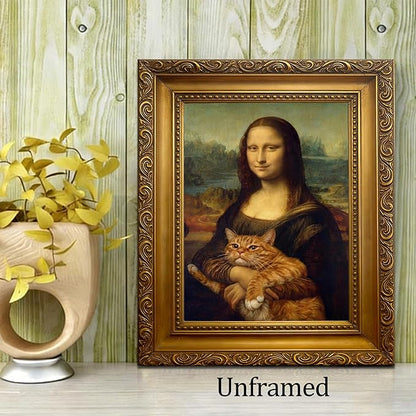 Funny Mona Lisa Cat Wall Art, Vintage Renaissance Mona Lisa Holding Orange Tabby Cat Canvas Print, Classic Abstract Art Painting Poster for Bathroom Living Room Bedroom Home Decor 8x10 Inch Unframed