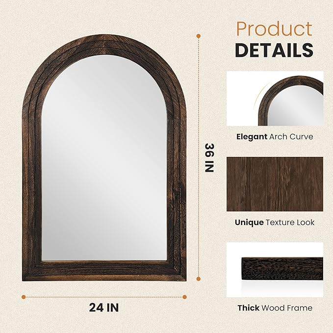TRAHOME Arched Bathroom Mirror, 36"x24" Brown Wood Frame Wall Mirror, Farmhouse Vintage Vanity Mirror with Layered Frame for Entryway, Living Room, Bedroom