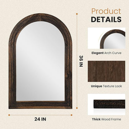 TRAHOME Arched Bathroom Mirror, 36"x24" Brown Wood Frame Wall Mirror, Farmhouse Vintage Vanity Mirror with Layered Frame for Entryway, Living Room, Bedroom