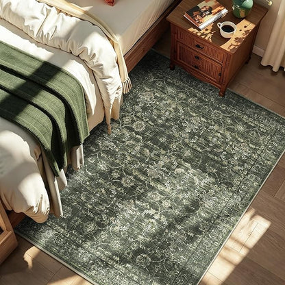 4x5 Green Washable Area Rugs for Living Room Vintage Boho Non Slip Rug Distressed Floral Carpet Indoor Retro Soft Low Pile Farmhouse Throw Rug for Bedroom Dining Room Nursery Office