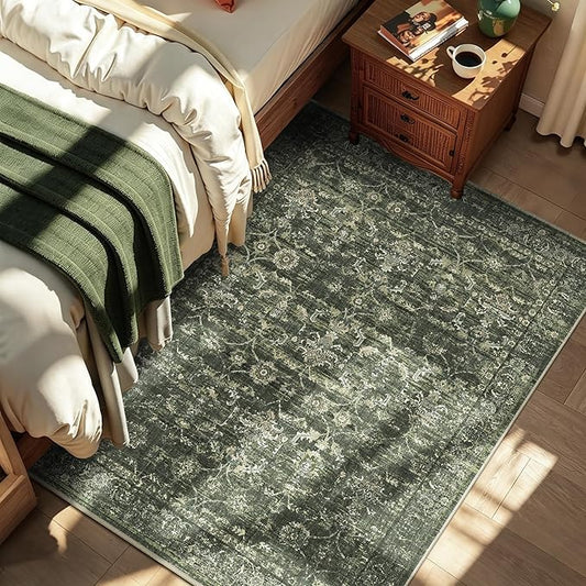 4x5 Green Washable Area Rugs for Living Room Vintage Boho Non Slip Rug Distressed Floral Carpet Indoor Retro Soft Low Pile Farmhouse Throw Rug for Bedroom Dining Room Nursery Office