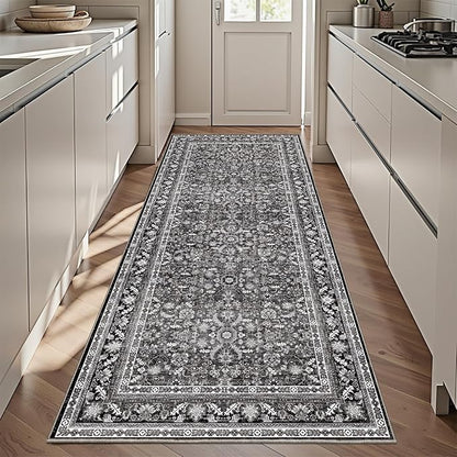 OPPODREAM Vintage Black 3x6 Runner Rug, 3 x 6 Retro Washable Rug Non Slip, Low-Pile Faux Wool Carpet, Distressed Floor Mat for Kitchen, Hallway, Entry-Way, Entrance, Indoor Back Door