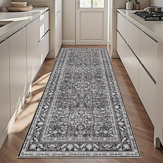 OPPODREAM Vintage Black 3x6 Runner Rug, 3 x 6 Retro Washable Rug Non Slip, Low-Pile Faux Wool Carpet, Distressed Floor Mat for Kitchen, Hallway, Entry-Way, Entrance, Indoor Back Door