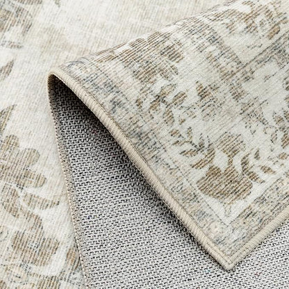 PureCozy 4x5 Area Rug Beige Washable Office Vintage Distressed Carpet Bedroom Indoor Neutral Medallion Floral Living Room Non Slip Retro Throw Floor Mat for Dining Room Kitchen Bathroom