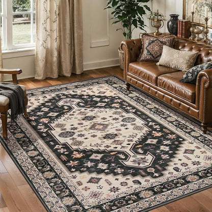Tangsoo 4x6 Area Rug for Living Room,Boho Washable Non-Slip Throw Rug Black and Gold Low Pile Indoor Area Rugs,Vintage Soft Carpet for Entrance Bedroom Bedside Office Decor