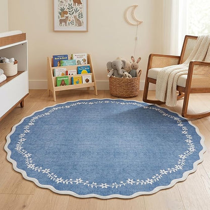 GarveeHome Round Area Rugs 6ft for Bedroom, Solid Navy Washable Circle Rug Soft Non Slip Floral Print Floor Mat Leaves Carpet Indoor Thin Rug for Living Room Dining Room Playroom Nursery