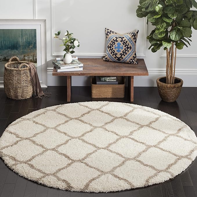 SAFAVIEH Hudson Shag Collection Area Rug - 7' Round, Ivory & Beige, Moroccan Trellis Design, Non-Shedding & Easy Care, 2-inch Thick Ideal for High Traffic Areas in Living Room, Bedroom (SGH283D)
