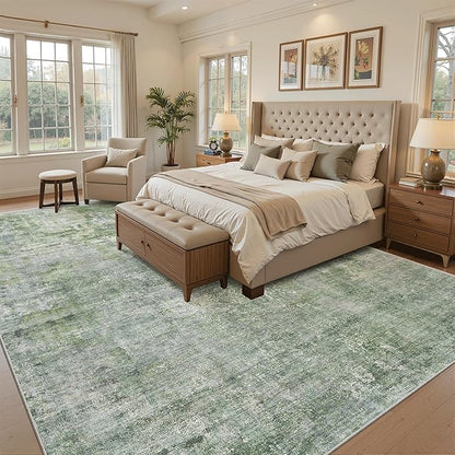 Soalmost Area Rug 10x12 Vintage Washable Living Room Large Carpet Non Slip Bedroom Indoor Office Dining Room Low Pile Thin Rug Green/Ivory