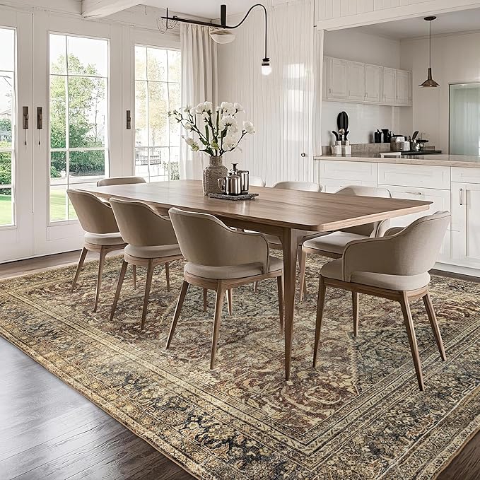 Washable 9x12 Area Rug: Vintage Brown Rugs for Living Room Bedroom Dining Room Office Indoor - Soft Non-Slip Large Carpet Home Decor - Oriental Dark Brown