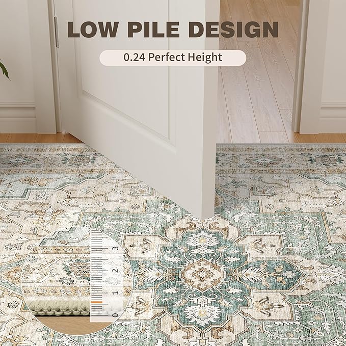 10x14 Living Room Rug - Large Washable Non Slip Vintage Rugs Low Pile Stain Resistant Distressed Carpet for Bedroom Dining Room Home Office 10'x14' Green/Beige