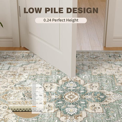 10x14 Living Room Rug - Large Washable Non Slip Vintage Rugs Low Pile Stain Resistant Distressed Carpet for Bedroom Dining Room Home Office 10'x14' Green/Beige