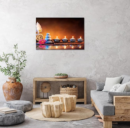 Zen Wall Art Lotus Flower Decor Breathe Canvas Picture Candles Relaxing Peaceful Poster Prints for Zen Spa Room Living Room Bedroom(16.00" x 24.00")