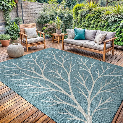 Washable Indoor Outdoor Rug 5x7 Modern Area Rugs Branch Pattern Non Shedding Waterproof Easy Clean Patio Deck Porch Living Room Bedroom Garden RV (5 X 7 Aqua)
