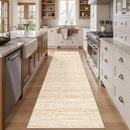 Miukiki 2x8 Runner Rug Moroccan Washable Kitchen Rug Non Slip Indoor Floor Hallway Runner Rug Foldable Carpet for Bathroom Laundry Room with Low Pile(Beige,2'x8')