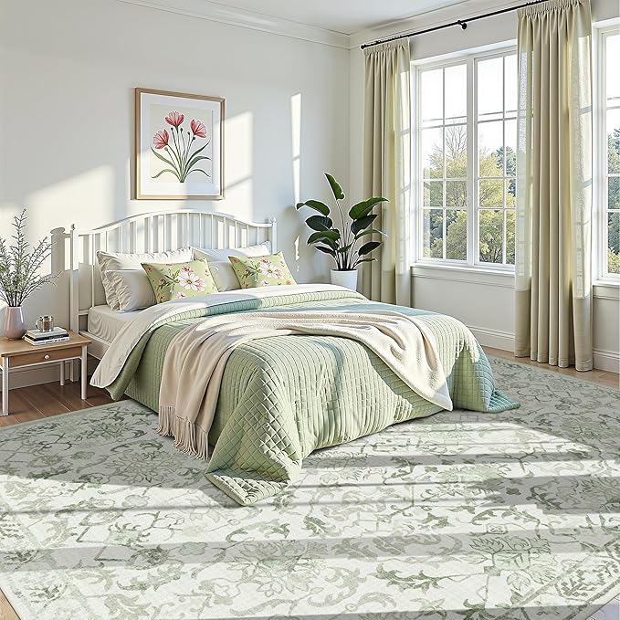 Sage Neutral Large Area Rug10x12 for Living Room, Washable Rug for Dining Room Bedroom, Anti-Slip Low-Pile and Soft Accent Rug Farmhouse Office Home Decor Light Green