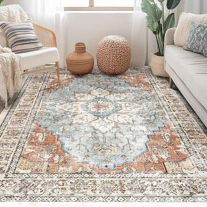 BESTSWEETIE 5x7 Area Rug Washable Rugs for Living Room, No Pile Boho Carpet for Entryway Bedroom Dinning Room, Vintage Carpet Print Distressed Non-Slip, 5 x 7 ft, Green Brick Rust Red