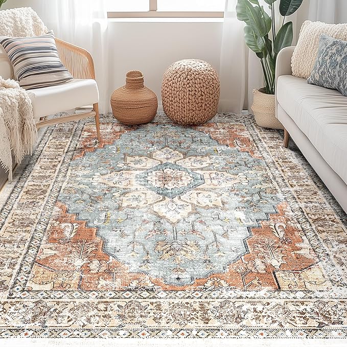 BESTSWEETIE 3x5 Area Rug Washable Rugs for Living Room, No Pile Boho Carpet for Entryway Bedroom Dinning Room, Vintage Carpet Print Distressed Non-Slip, 3 x 5 ft, Green Brick Rust Red