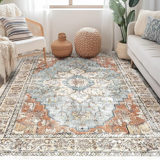 BESTSWEETIE 4x6 Area Rug Washable Rugs for Living Room, No Pile Boho Carpet for Entryway Bedroom Dinning Room, Vintage Carpet Print Distressed Non-Slip, 4 x 6 ft, Green Brick Rust Red