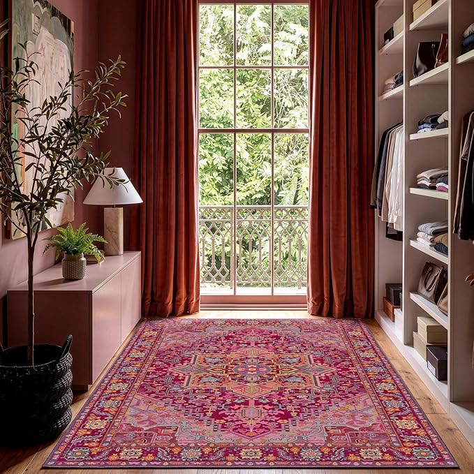 Kokia 6x9 Washable Magenta Hot Pink Area Rugs with Vintage Orient Design Soft Rug for Living Room or Home Office Non-Slip Low Pile Stain Resistance Features Distressed Medallion Pattern