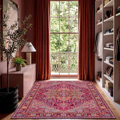 Kokia 6x9 Washable Magenta Hot Pink Area Rugs with Vintage Orient Design Soft Rug for Living Room or Home Office Non-Slip Low Pile Stain Resistance Features Distressed Medallion Pattern
