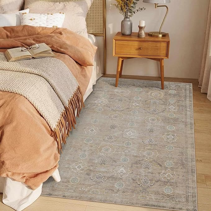 Rugxara 3x5 Rug for Entryway Bedroom, Beige 3x5 Washable Area Rug, Vintage Retro Boho Throw Rug, Non Slip & Low Pile Small Carpet for Indoor Entry, Kitchen, Bedside, Living Room, Bathroom and Dining