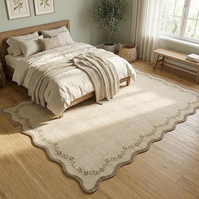 GarveeHome 5x7 Scalloped Area Rug Tan Jute Washable Rugs for Living Room Bedroom, Soft Low Pile Non Slip Accent Floor Mat Solid Floral Print Throw Rug Farmhouse Indoor Carpet for Dorm Playroom