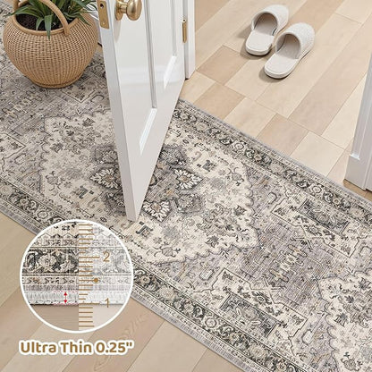 Area Rug for Living Room - 3x8 Soft Machine Washable Oriental Vintage Floral Distressed Large Indoor Floor Carpet for Bedroom Under Dining Table Home Office Decor - Brown