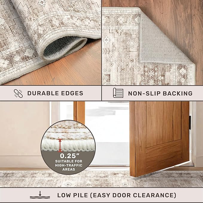 Washable Boho 6x8 Area Rug for Living Room - Vintage Beige Dining Room Rug Under the Table, Low Pile Non-Slip Rugs for Bedroom, Office - Charming Geometric Decor & Stain Resistance (6x8 Beige/Latte)