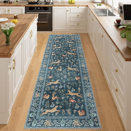 DUKINO 2x6 Rug for Hallway, Washable Kitchen Runner Rug with Non Slip Backing, Soft Low Pile Vintage Animal Runner for Bedroom, Kitchen, Hallway, Entryway, Laundry, Blue