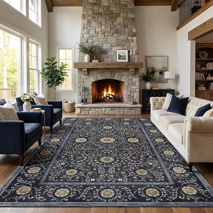 GarveeHome Boho 5x7 Area Rug for Bedroom, Floral Vintage Rugs for Living Room with Soft Low Pile, Non Slip Botanical Washable Rugs 5x7 for Dining Room Blue Carpet for Entryway Dorm Office Playroom