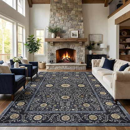 GarveeHome Boho 5x7 Area Rug for Bedroom, Floral Vintage Rugs for Living Room with Soft Low Pile, Non Slip Botanical Washable Rugs 5x7 for Dining Room Blue Carpet for Entryway Dorm Office Playroom