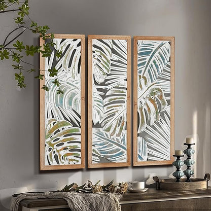 XIAOAIKA Boho Hand-Carved Wood Wall Art Decor, 35.5" Tropical Leaf Design, Distressed White Wood Panels, Decorative Hanging Wall Sculpture for Living Room, Bedroom, Office (Set of 3 Panels)