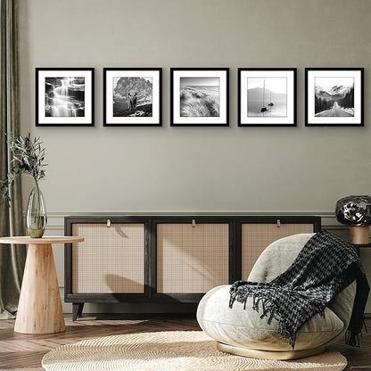 Americanflat 12x12 Picture Frame with Polished Plexiglass - Set of 5 - Use as 9x9 Frame with Mat or Display 12x12 Photo Without Mat - Galleria Collection - Square Frames for Wall Display - Black