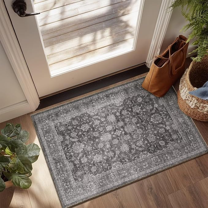 Washable 2x3 Entryway Rug, Boho Non-Slip Door Mat Vintage Distress Small Rugs for Kitchen Nursery Office Bedroom, 0.3" Neutral Oriental Throw Carpet with Cushioning Pad, Grey/Multi, E3