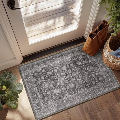 Washable 2x3 Entryway Rug, Boho Non-Slip Door Mat Vintage Distress Small Rugs for Kitchen Nursery Office Bedroom, 0.3" Neutral Oriental Throw Carpet with Cushioning Pad, Grey/Multi, E3
