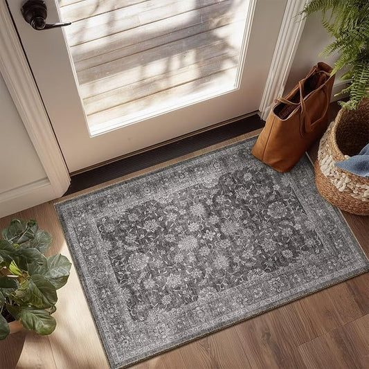 Washable 2x3 Entryway Rug, Boho Non-Slip Door Mat Vintage Distress Small Rugs for Kitchen Nursery Office Bedroom, 0.3" Neutral Oriental Throw Carpet with Cushioning Pad, Grey/Multi, E3