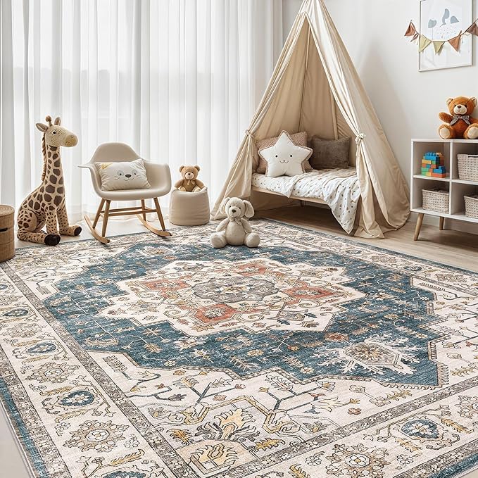 Area Rug 6x9 Washable Vintage - Soft Traditional Rugs for Living Room Large Non Slip Backing with Low Pile Farmhouse Oriental Retro Carpet for Bedroom Dining Room or Home Office - Blue