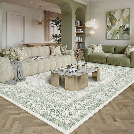PureCozy Sage Green Area Rug 8x10 Living Room Washable Carpet Vintage Distressed Non Slip Bedroom Carpet Neutral Low Pile Retro Floral Farmhouse Large Rug Home Office Dining Room Playroom