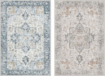GENIMO 2x3 Reversible Door Mat for Entryway, Machine Washable Non Slip Vintage Rugs, Low Pile Lightweight Soft Print Rug for Hallway, Corridor, Home, Office, Kitchen, Taupe & Blue